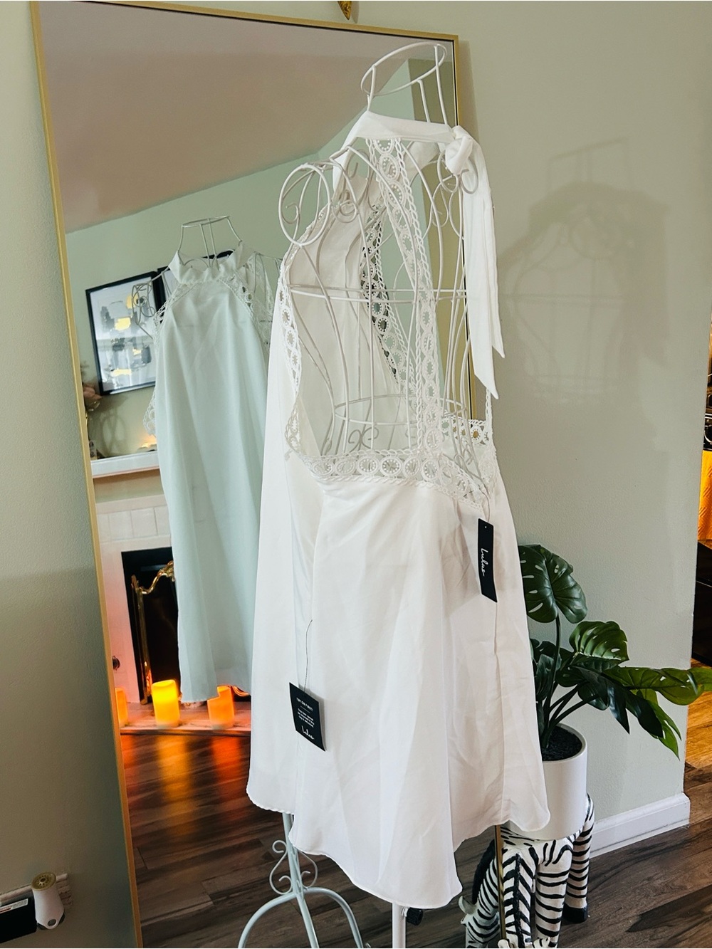Lulu's White Lace Halter Dress with Tie Neck Detail